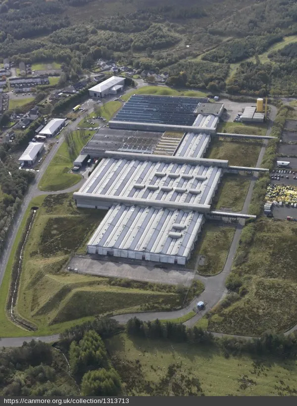 Close aerial view of The Engine Works facility buildings